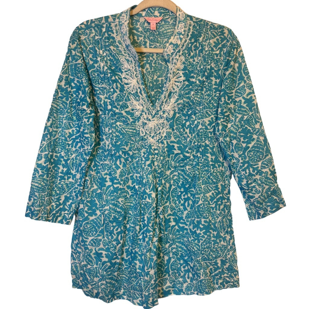 Lilly Pulitzer Blue Coral Beaded Tunic Cover Up Dress M 100% Cotton